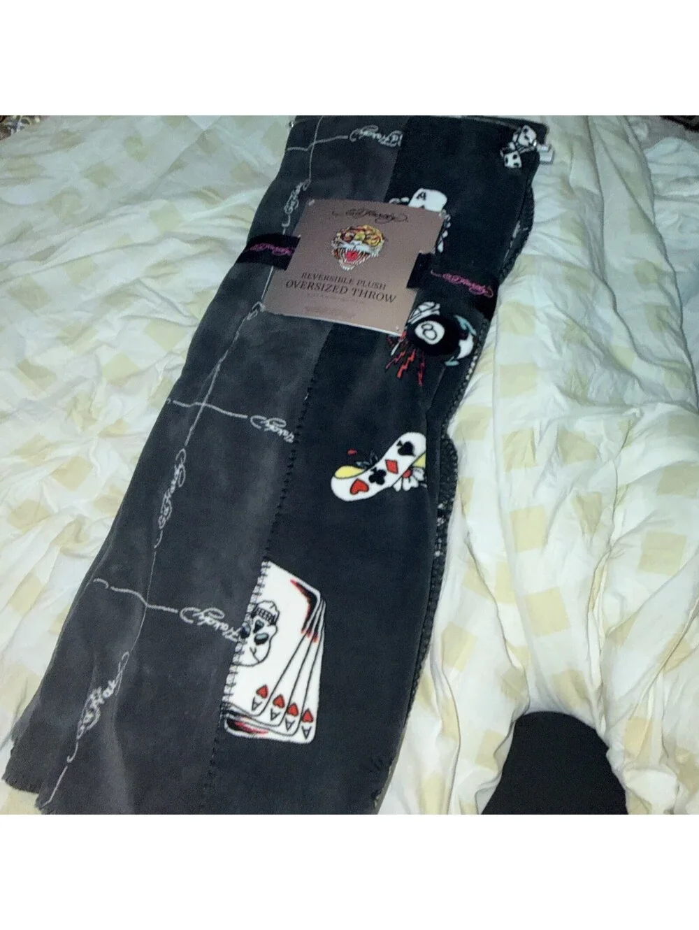 Ed Hardy Reversible Plush Oversized Throw Blanket 60x70 Dark Gray dice PrintNWT